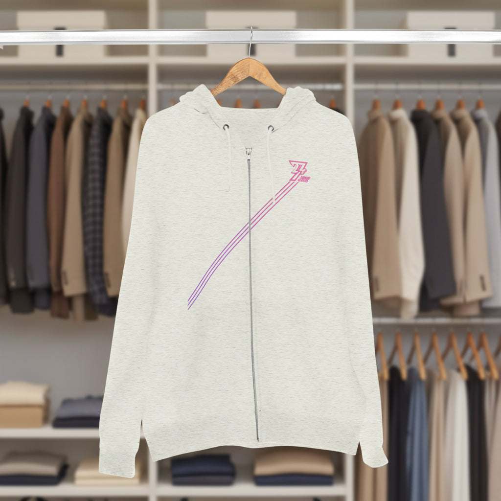 Trendy pink-striped zip-up women hoodie with three stripes design on light fabric for casual streetwear