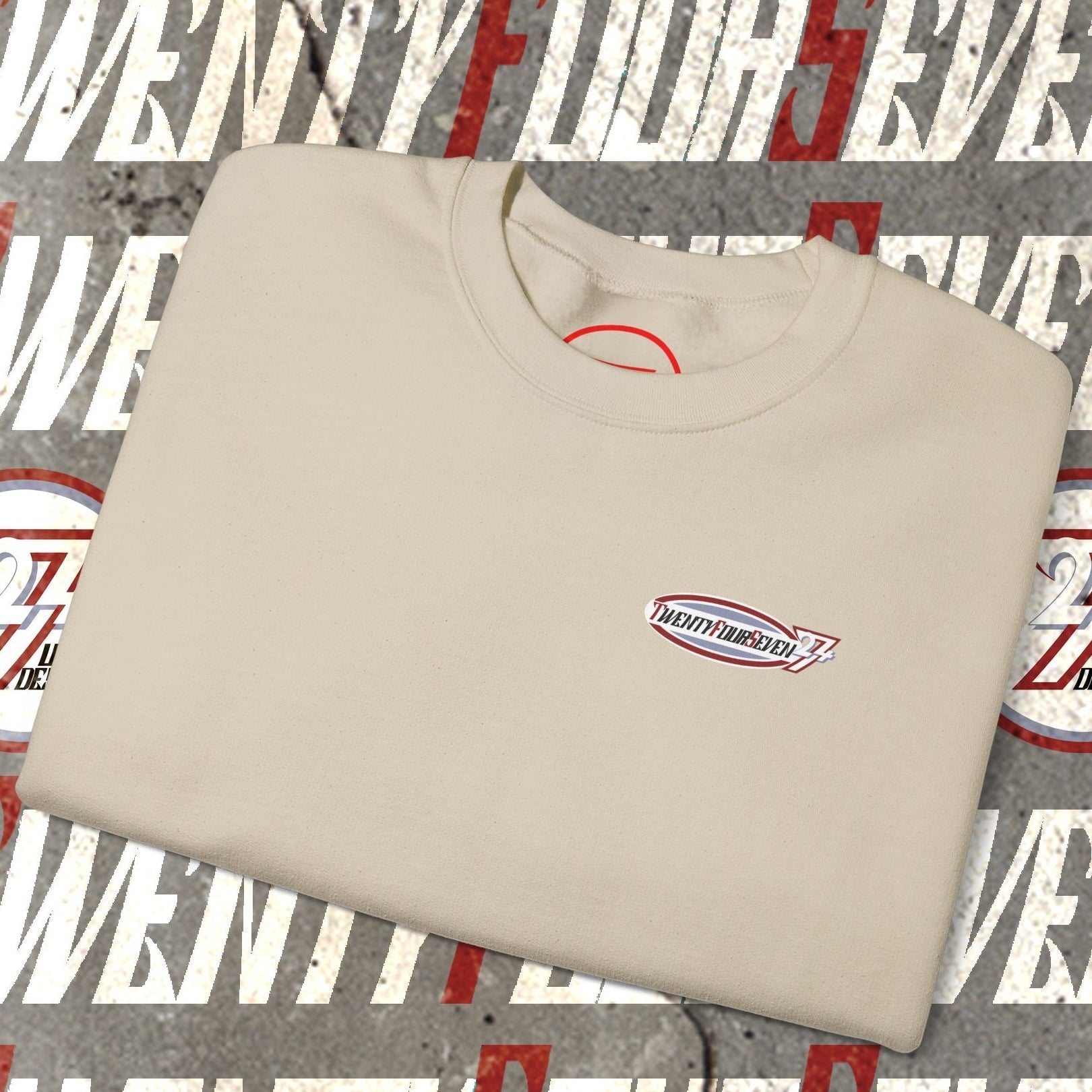 TwentyFourSeven Logo Crewneck Sweatshirt folded beige cotton-poly blend with unique design on graphic background