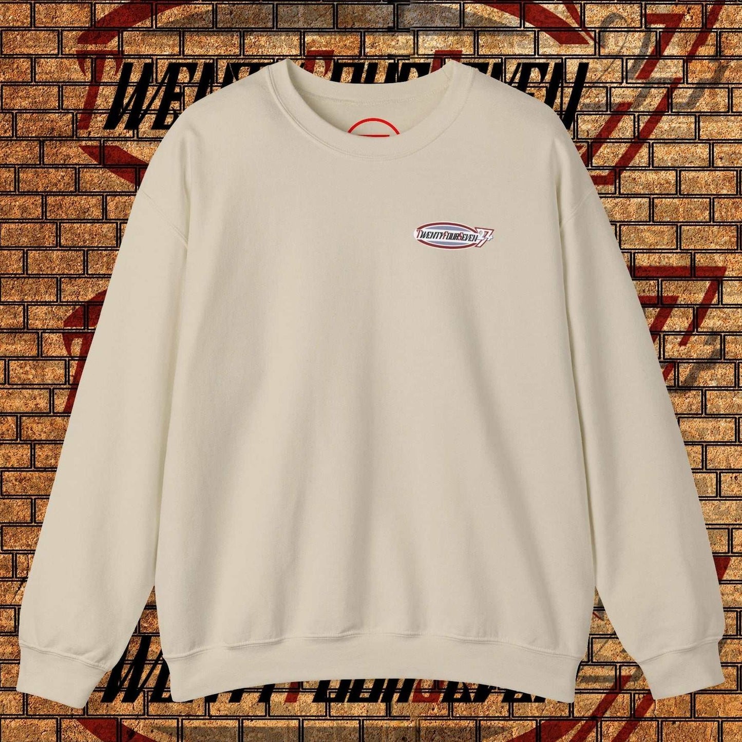 TwentyFourSeven Logo Crewneck Sweatshirt in beige with small front logo, cozy and stylish for parties and outdoors