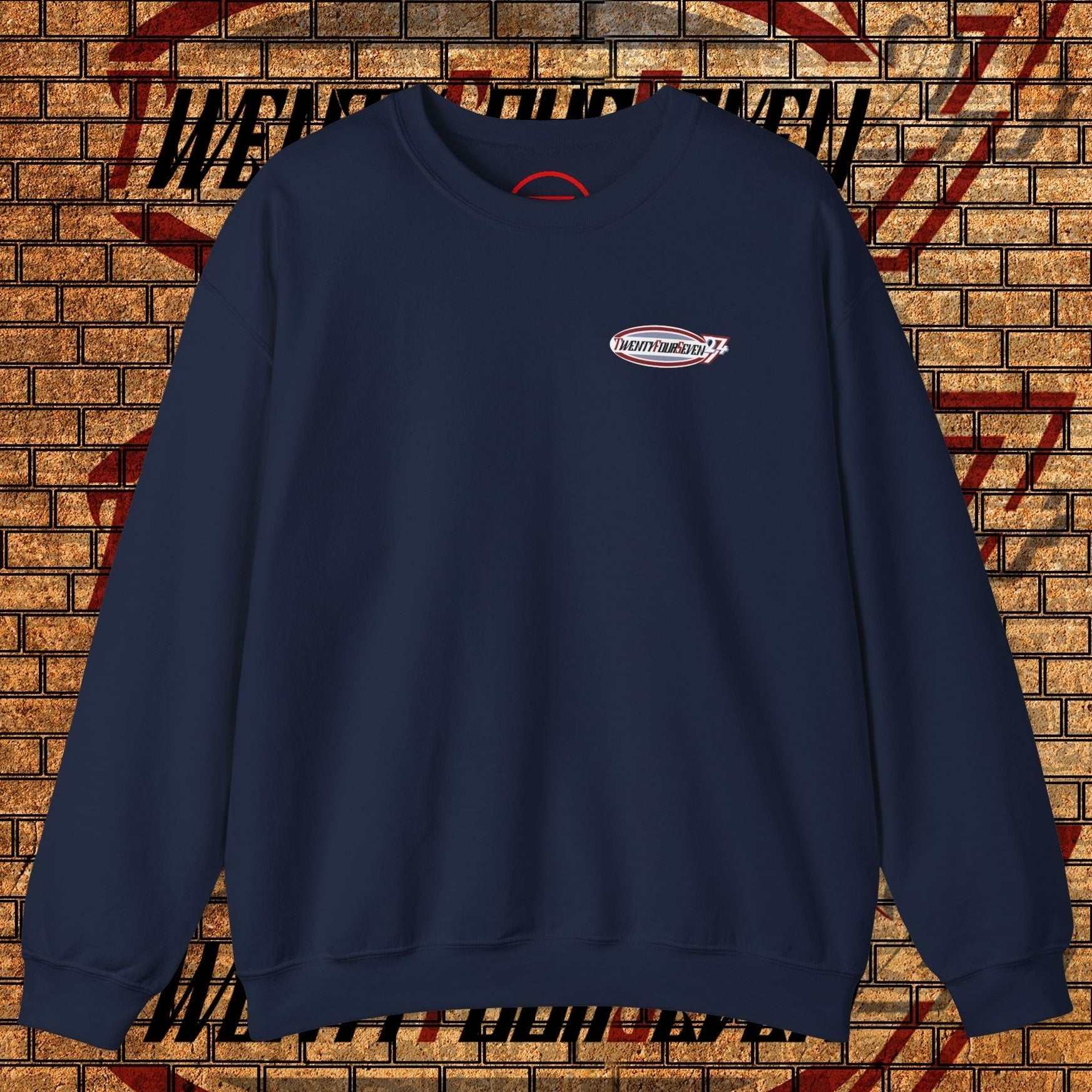 TwentyFourSeven Logo Crewneck Sweatshirt in navy blue, casual streetwear for parties and outdoors with ribbed collar and cotton-polyester blend