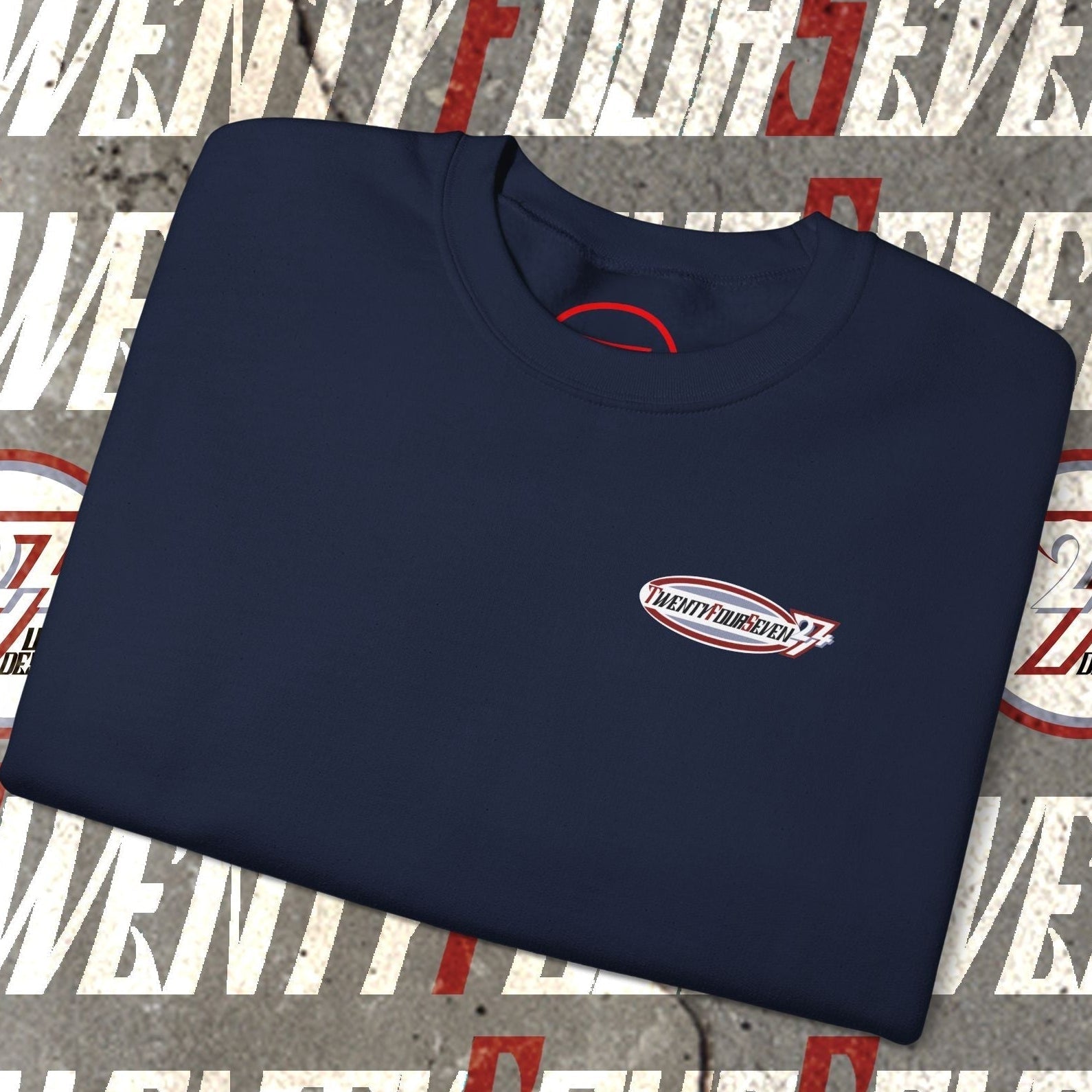 TwentyFourSeven Logo Crewneck Sweatshirt navy blue folded on graphic background with brand name and logos