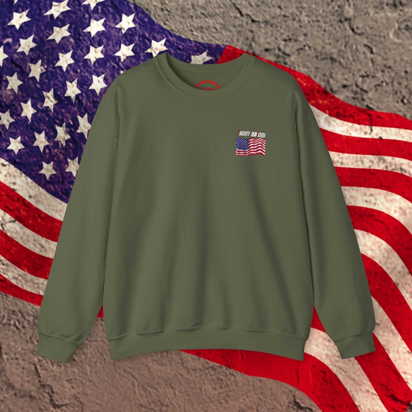 US flag sweatshirt with hand-drawn patriotic design on olive background, comfortable cotton-poly blend for sports and celebrations