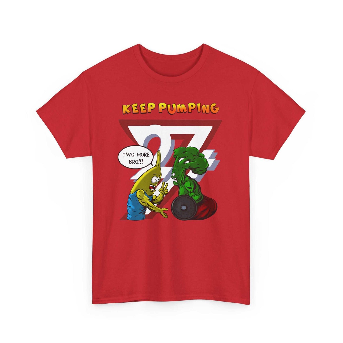 Unique Design Keep Pumping Banana & Broccoli T-shirt, red, workout-themed print.