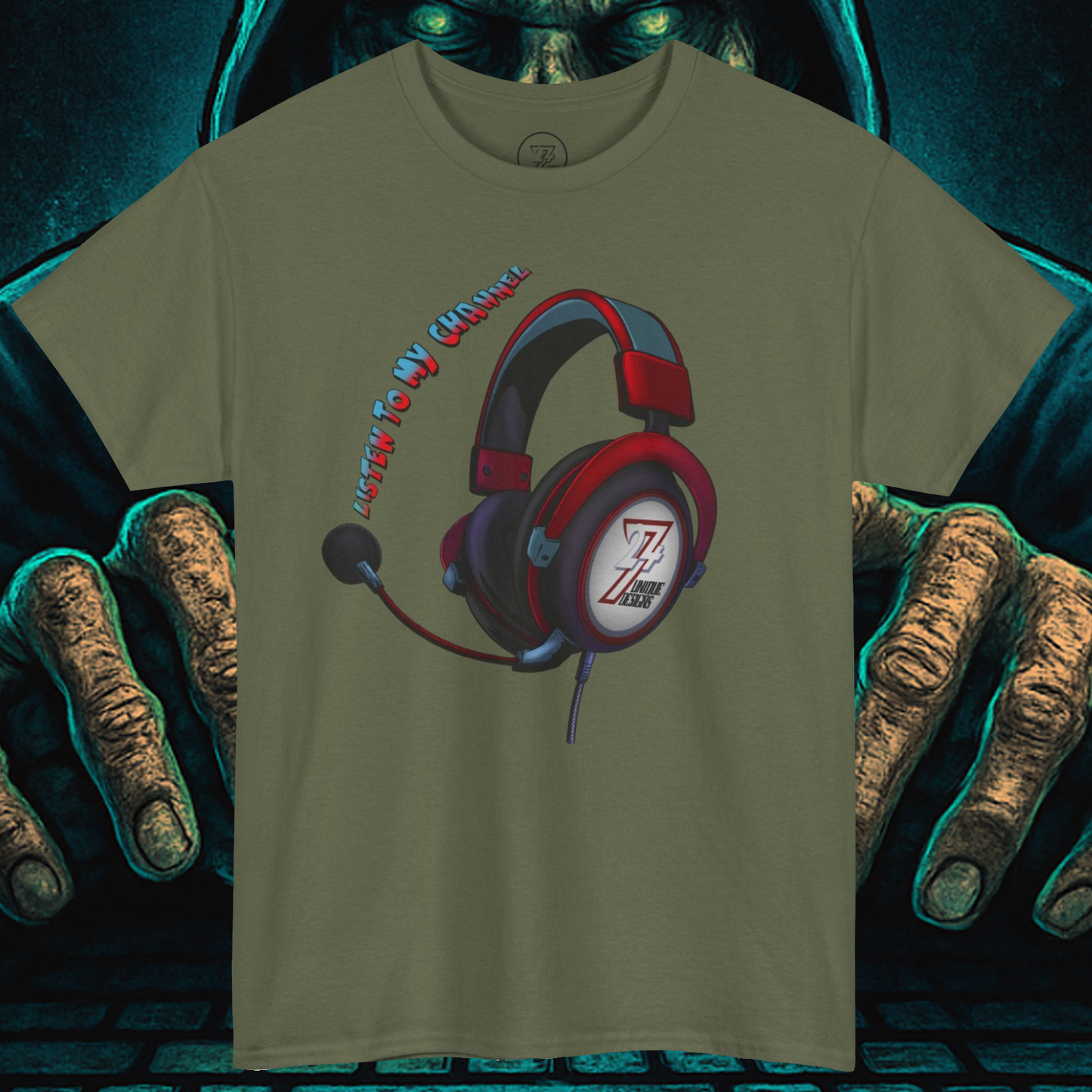 Custom t-shirt with "Listen To My Channel" slogan and red headphone graphic, made from high-quality fabric for digital content creators.