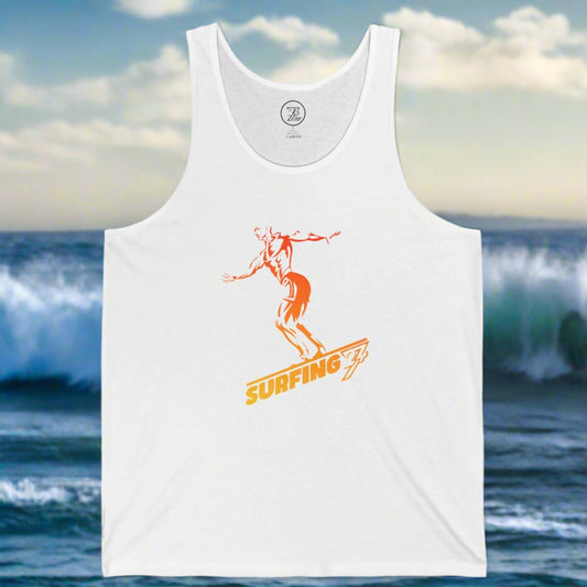 Unique surf design on jersey tank by 24/7 Unique Designs