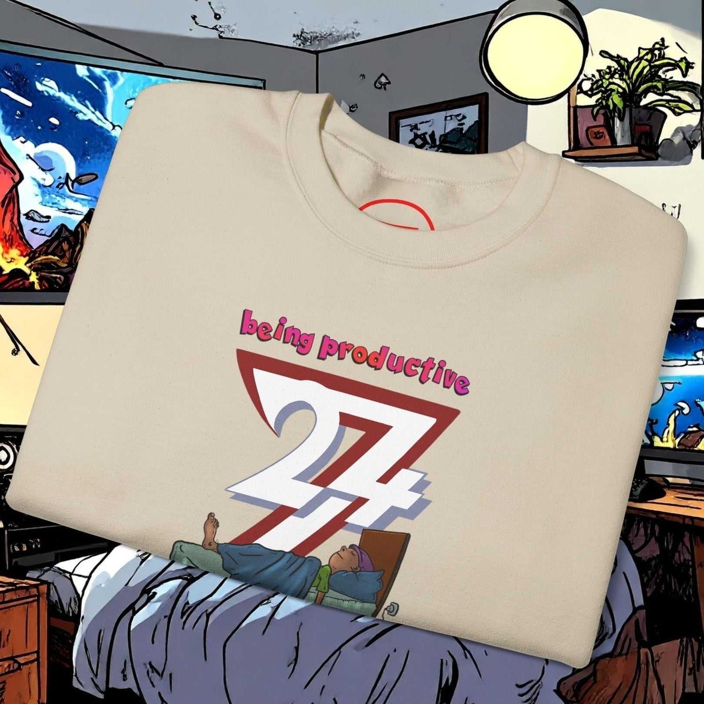 Lazy Teenager Unisex Sweatshirt with funny hand-drawn colorful caricature and "being productive 24/7" slogan on soft beige midweight fabric