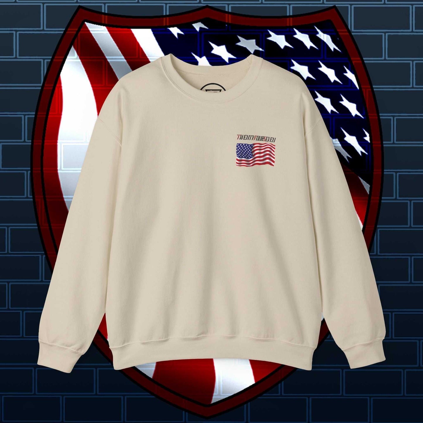 Unisex beige sweatshirt with small American flag and patriotic logo on chest, cozy and comfortable design