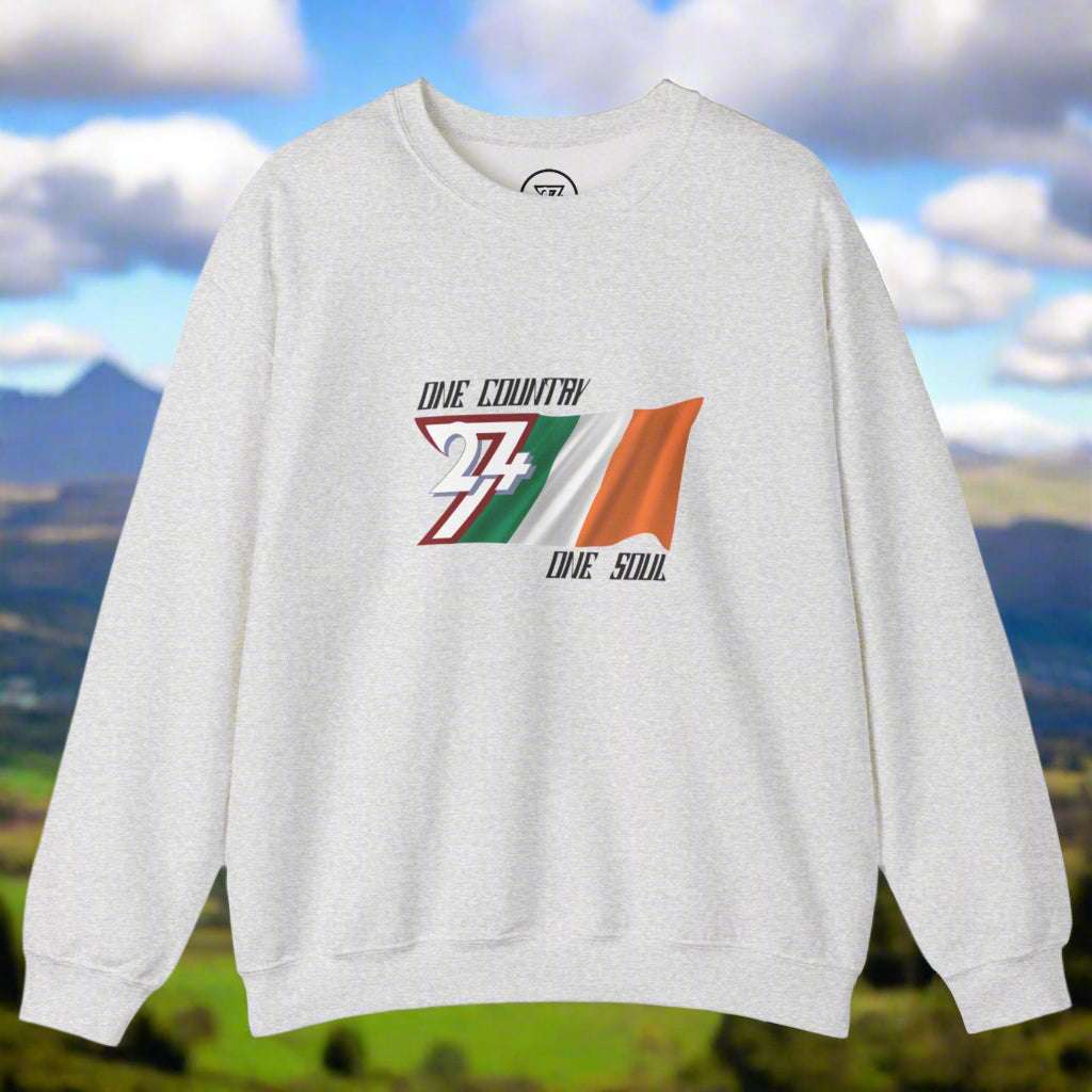 Unisex light gray sweatshirt featuring Ireland flag and "One nation one soul" slogan in patriotic design