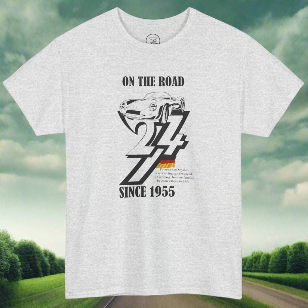 Vintage Porsche tee with 1955 car illustration and "On the Road 24/7" text in black on a light gray shirt