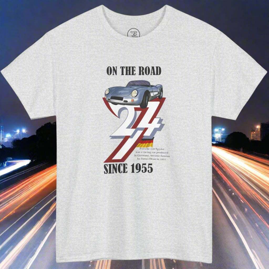 Vintage Porsche tee with 1955 retro car design and "On The Road Since 1955" text on light gray fabric