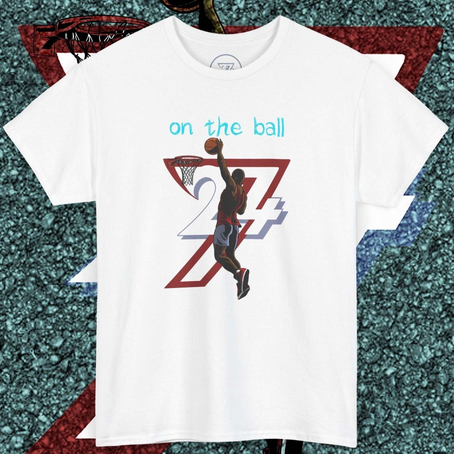 White 90s comic-style basketball tee with hand-drawn player dunking and "on the ball" text on chest