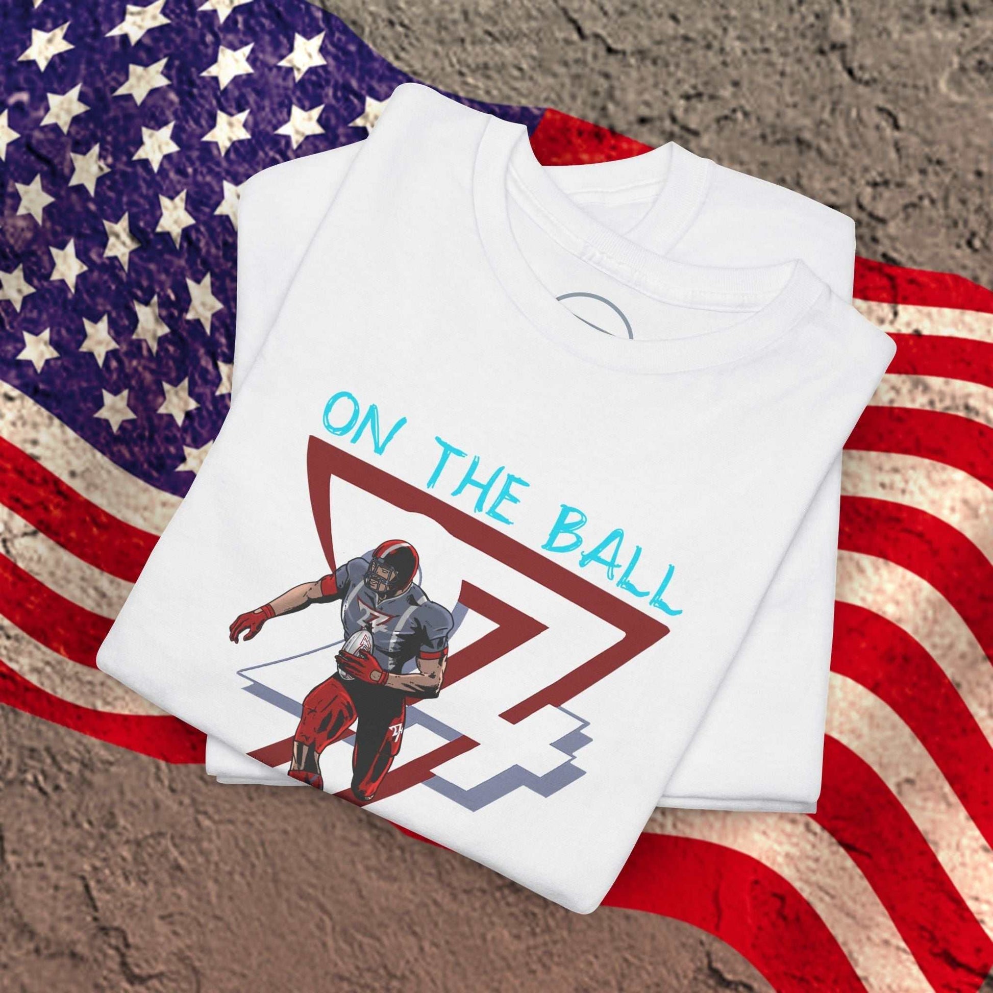 White American Football Tee with hand-drawn comic-style player graphic and "ON THE BALL" text on chest