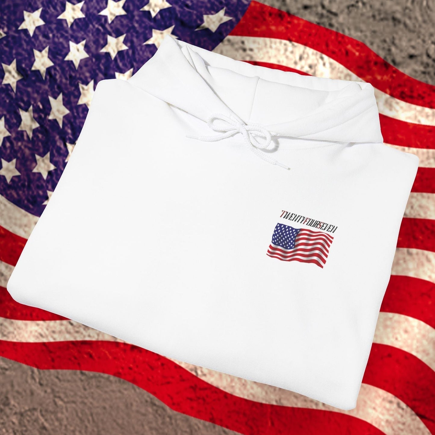 White American flag hoodie with small US flag design on chest, patriotic sweatshirt for adults