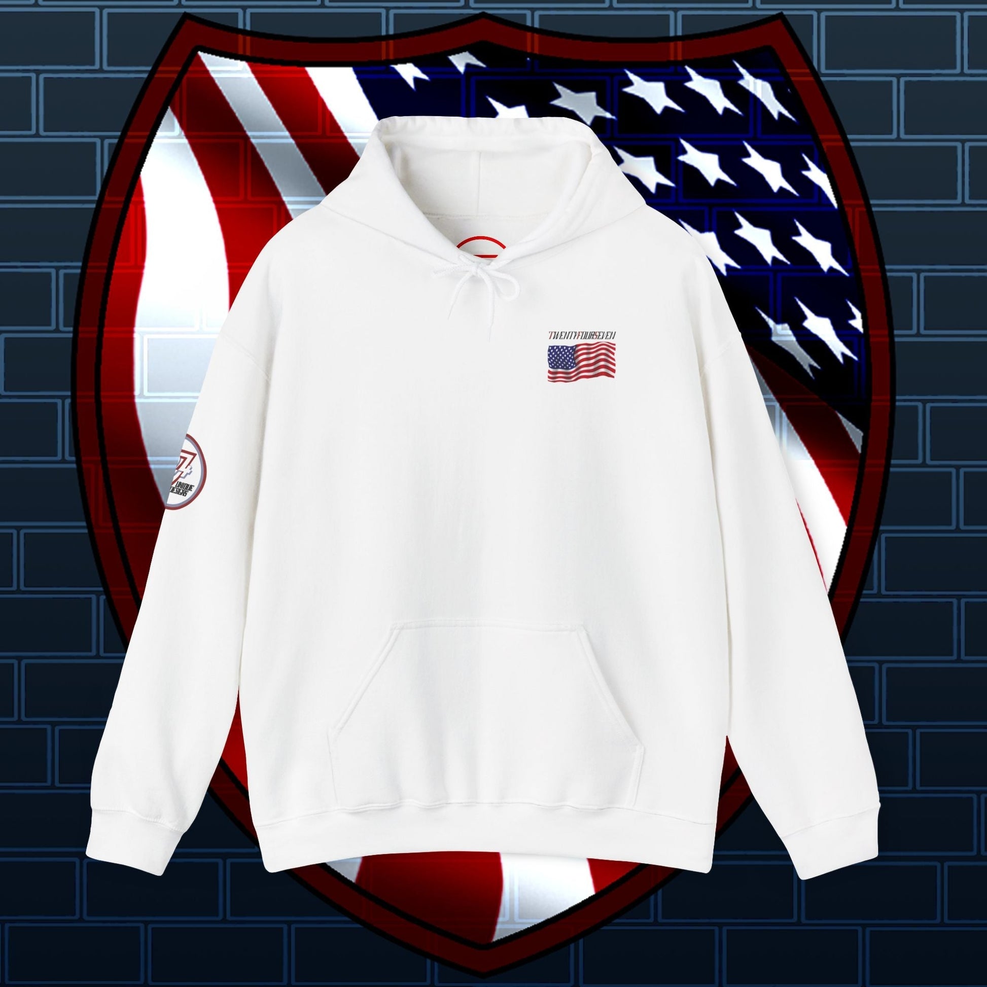 White American flag hoodie with US flag patch on chest and sleeve against patriotic shield background