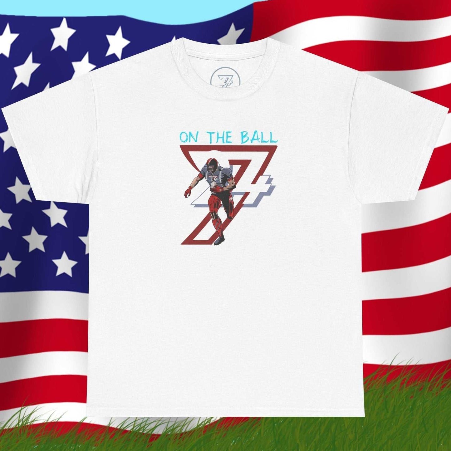 White American football tee with hand-drawn comic-style player graphic and "On The Ball" text