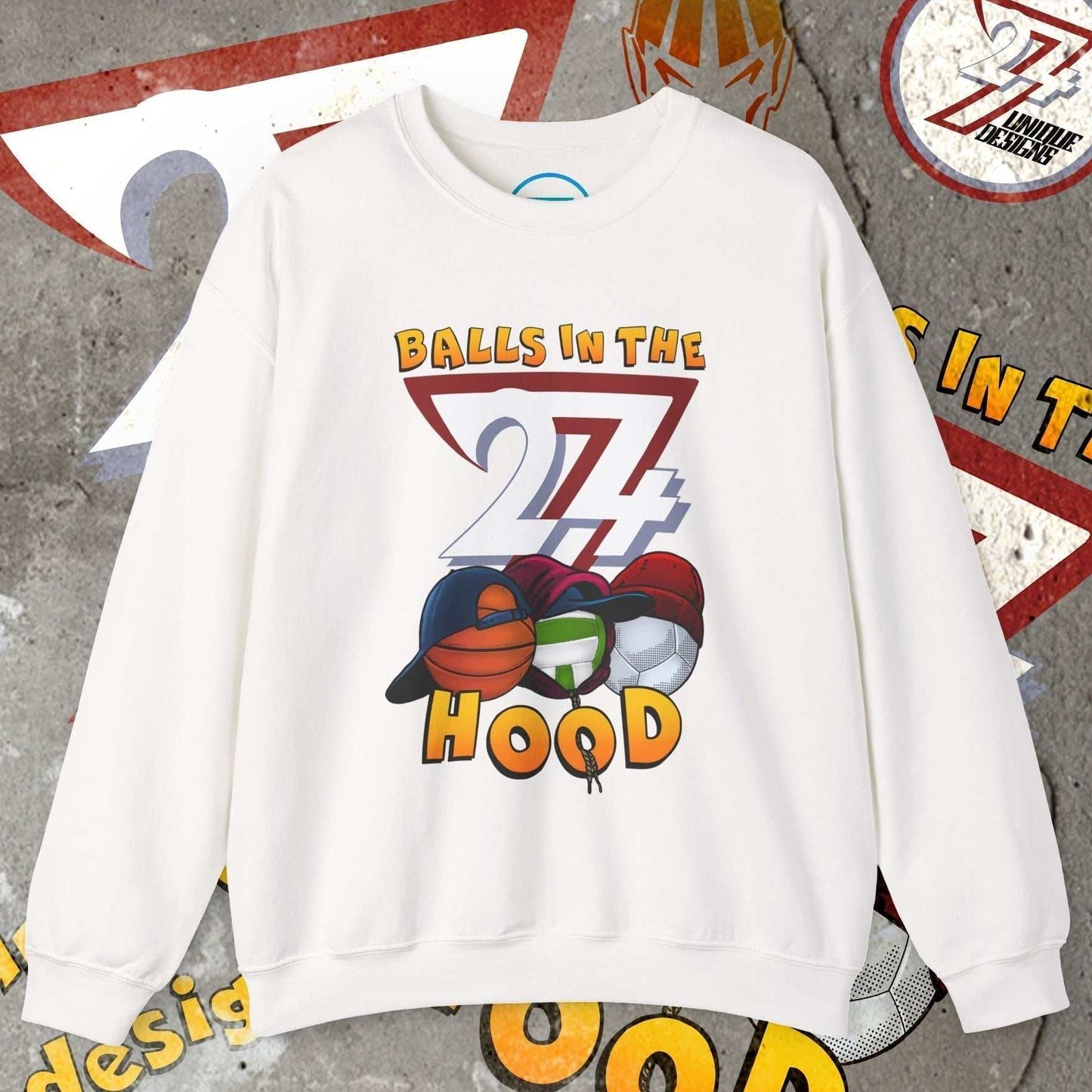 White Balls In The Hood Sweatshirt with basketball, football, and volleyball urban streetwear design