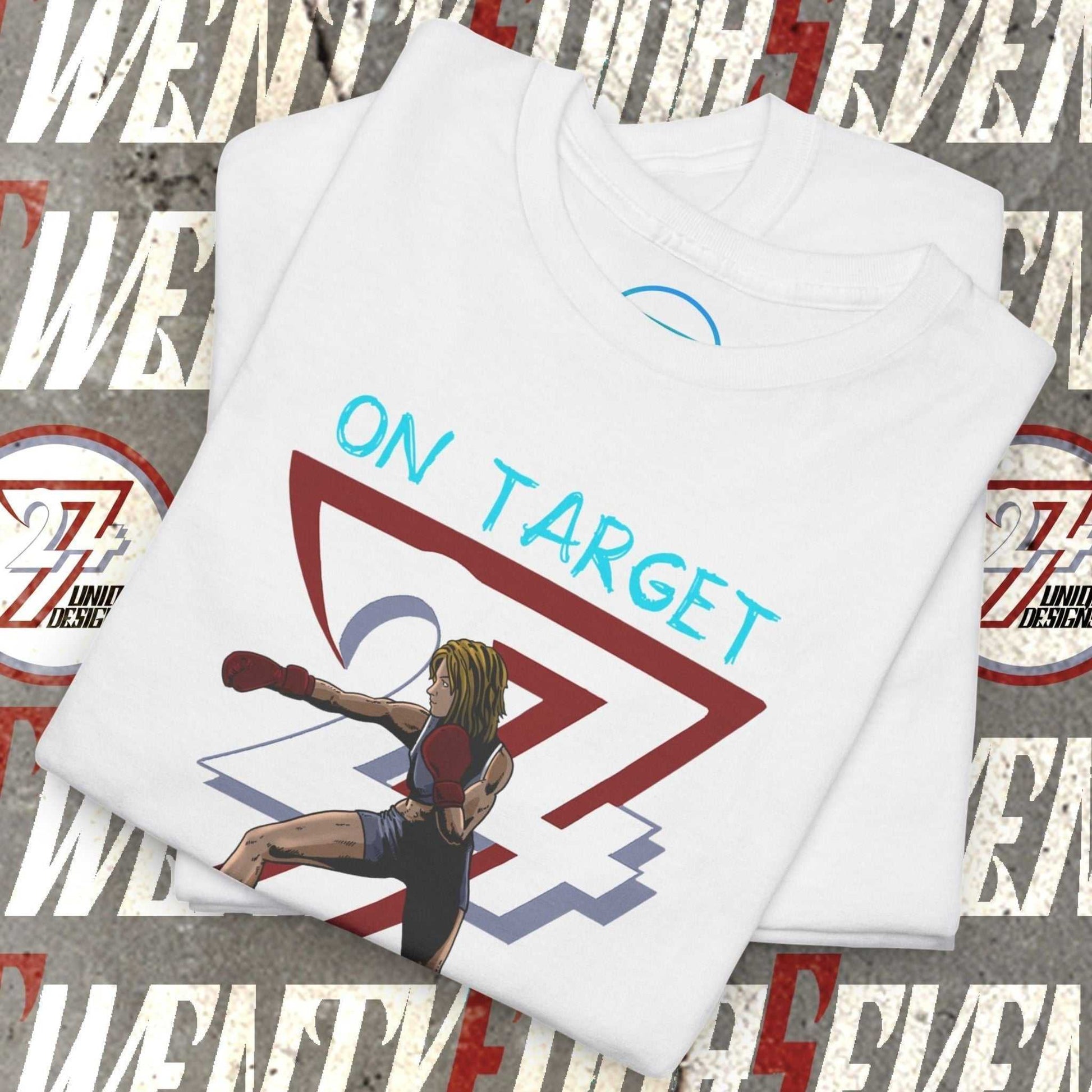 White Boxer Girl T-Shirt with hand-drawn boxing girl art and "ON TARGET" text, perfect for fighters and combat sports fans
