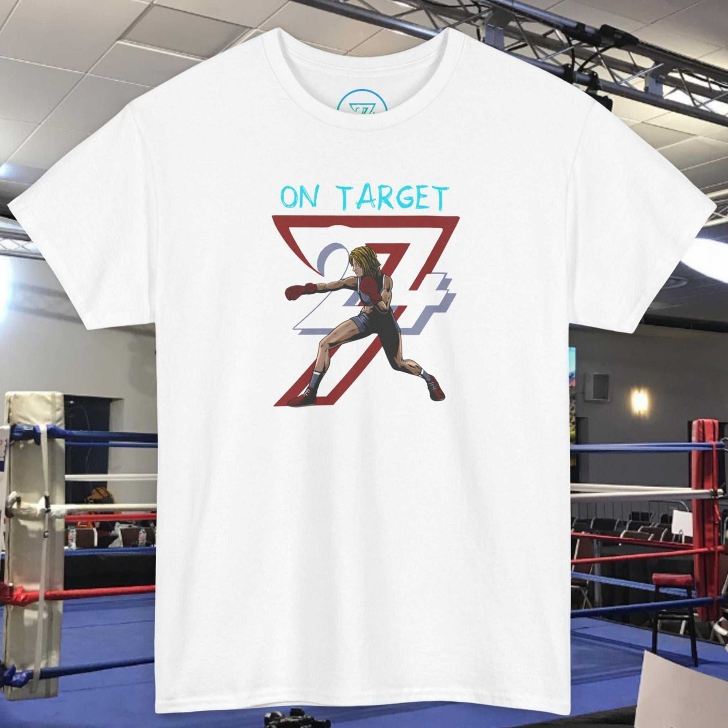 White Boxer Girl T-Shirt with hand-drawn female boxer art and "ON TARGET" text, classic fit cotton tee for combat sports fans
