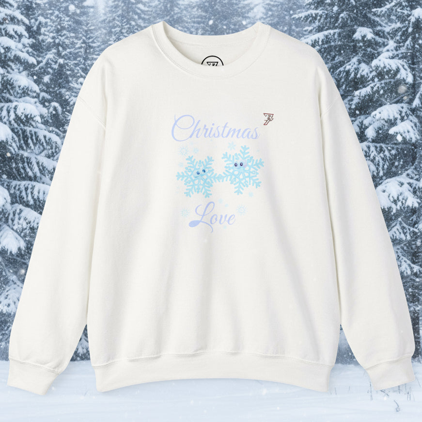 White Christmas sweatshirt with blue snowflakes holding hands and "Christmas Love" text on front