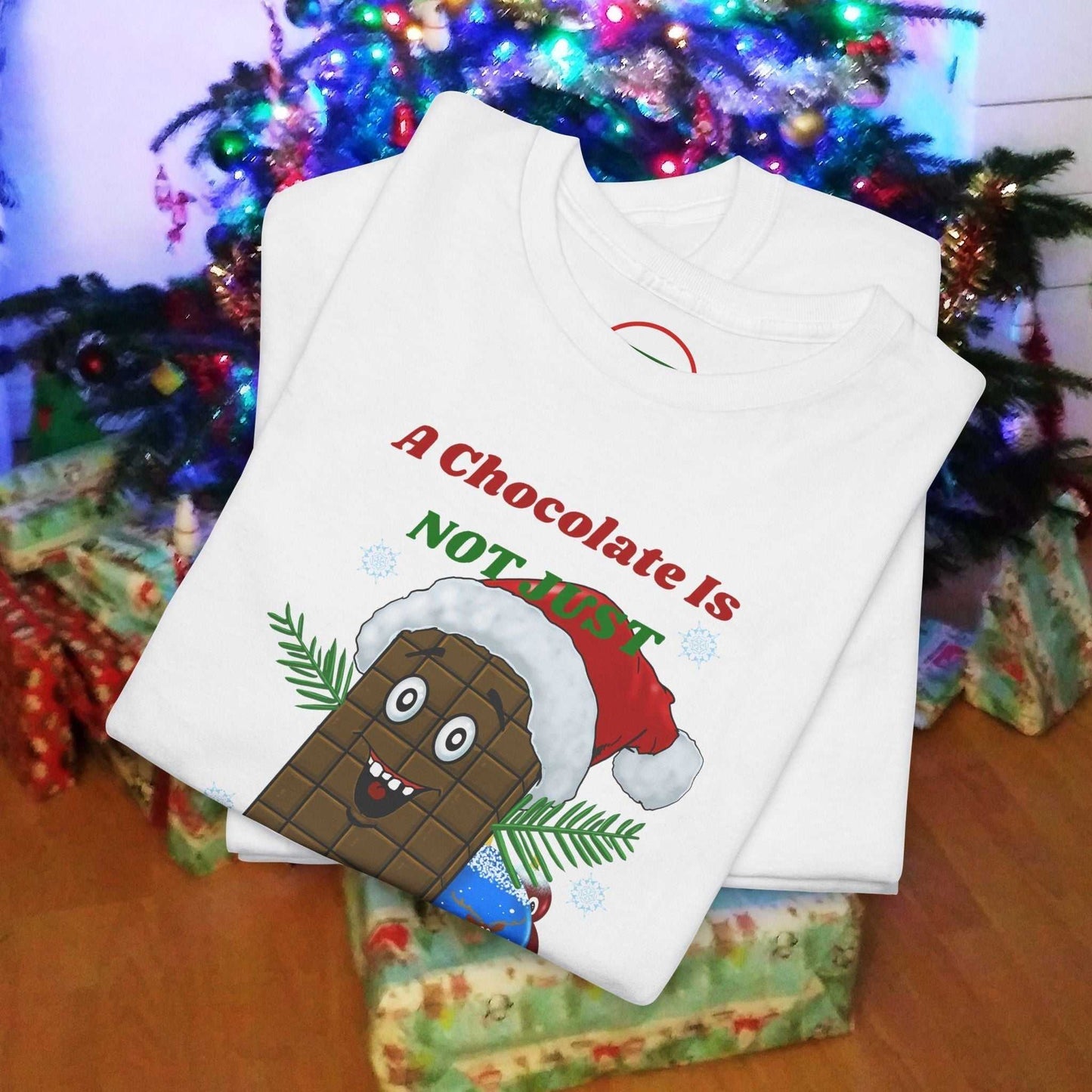 White Christmas tee featuring a chocolate bar wearing a Santa hat festive design