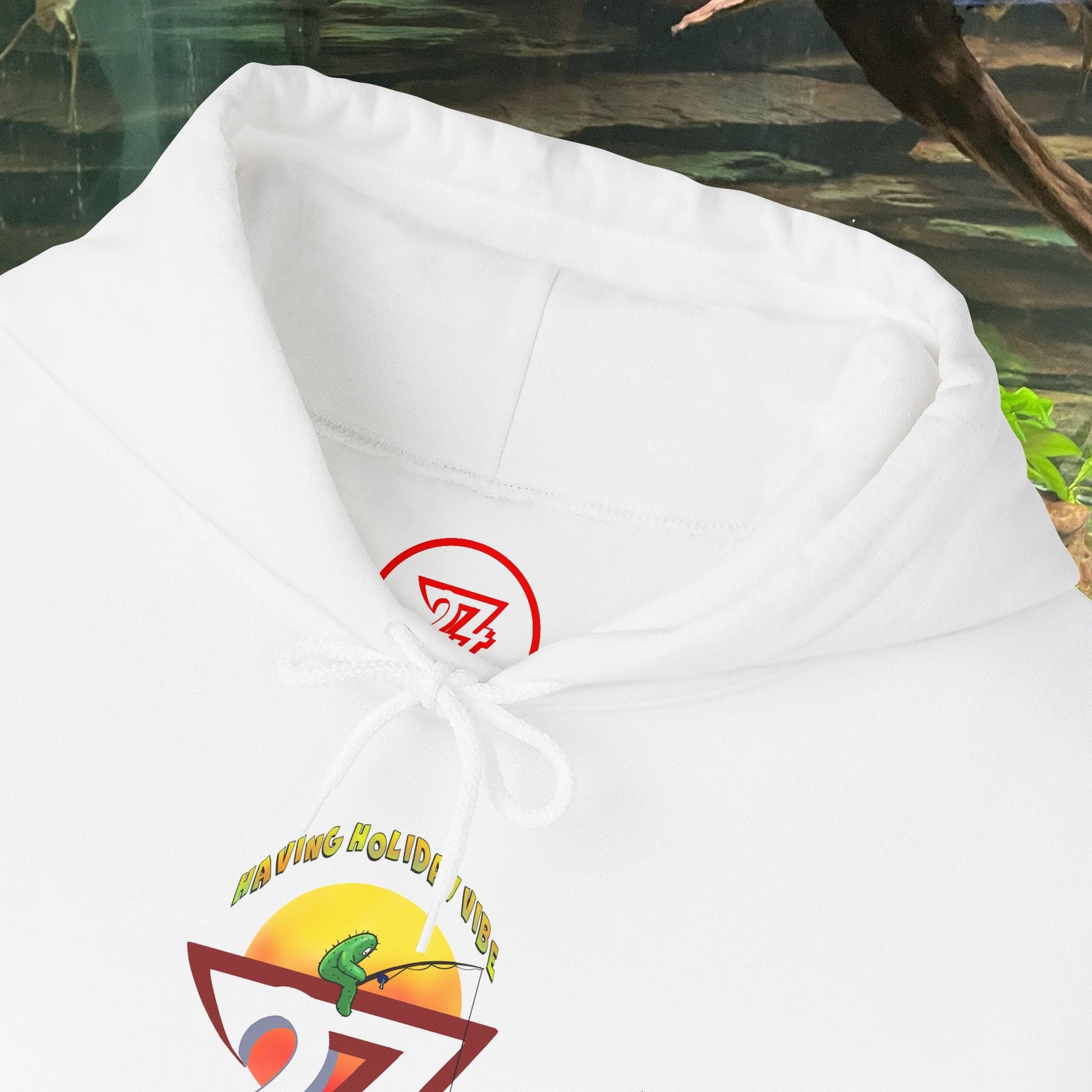 White Funny Fishing Hoodie with cactus and fishing design on front, summer holiday theme jumper