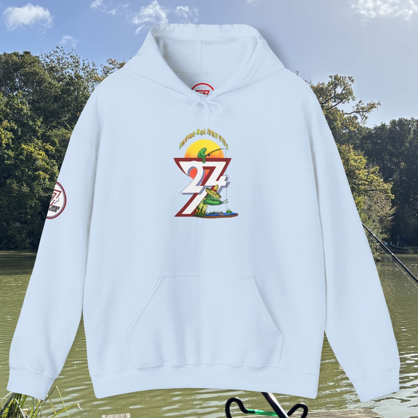 White Funny Fishing Hoodie with colorful fishing and cactus graphic on front, outdoor lake background