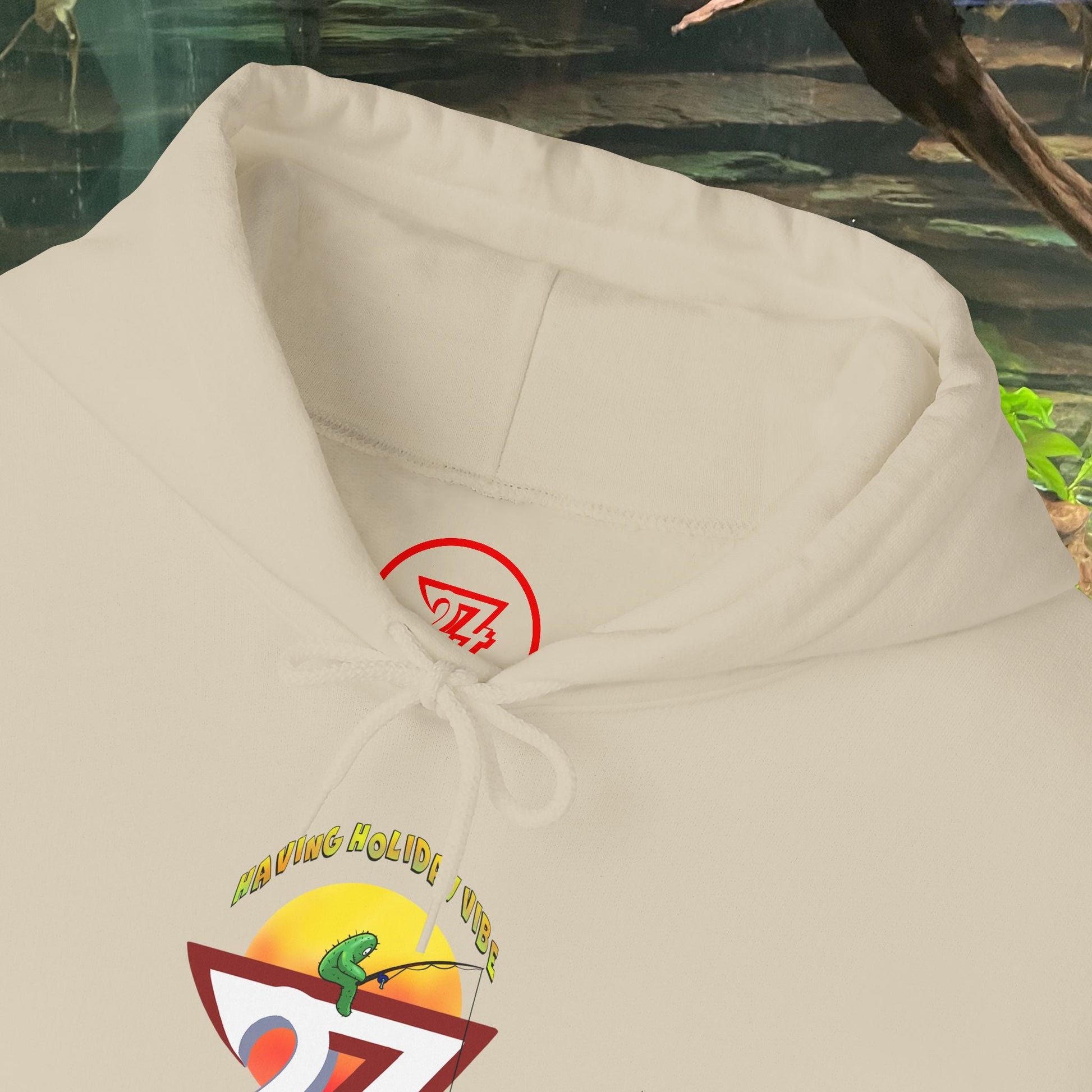 White Funny Fishing Hoodie with summer holiday fishing cactus graphic and hood drawstrings