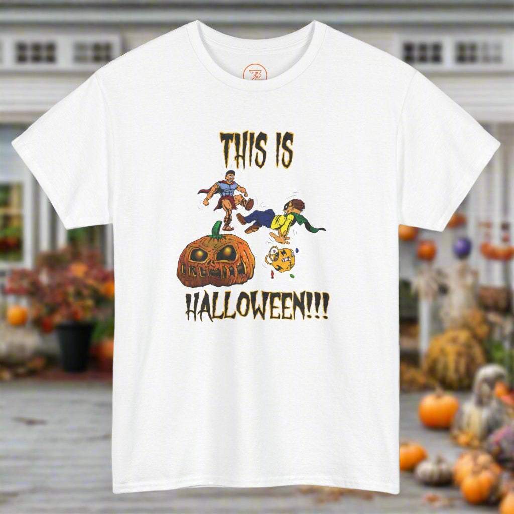 White Halloween Cartoon Tee with funny hand-drawn graphic of characters kicking a pumpkin and text "This is Halloween!!!"