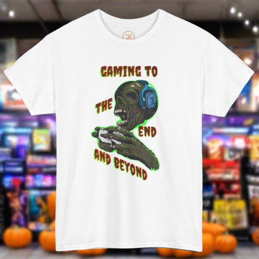White Halloween zombie tee for gamers with a hand-drawn zombie wearing headphones and holding a game controller, featuring the text "Gaming to the end and beyond" in horror comic style.