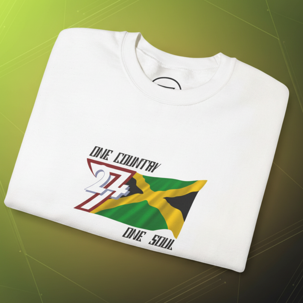White Jamaica Flag Crewneck Sweatshirt with "One Country One Soul" design and vibrant Jamaican flag illustration