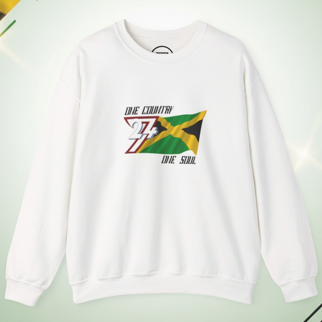 White Jamaica Flag crewneck sweatshirt with vibrant hand-drawn flag and "One Country One Soul" text design