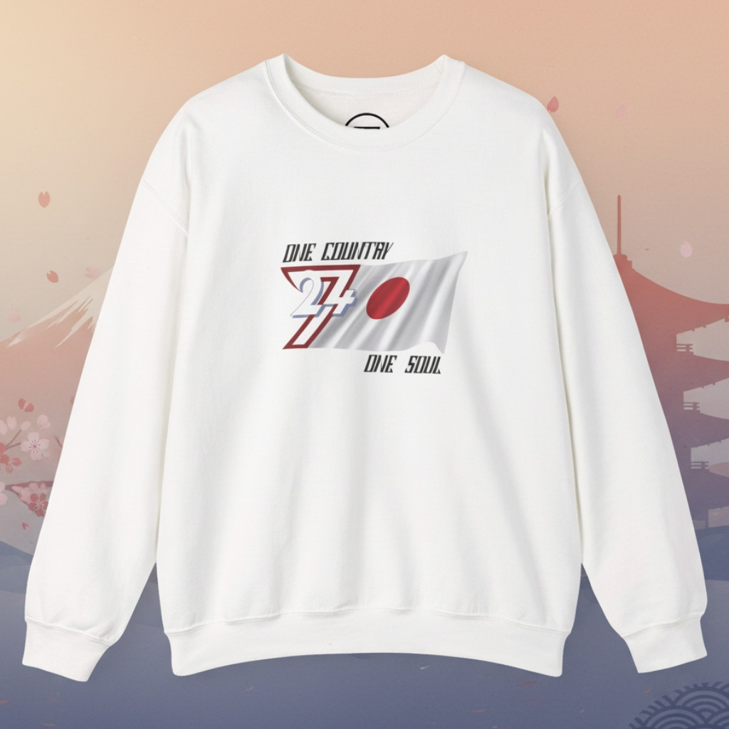 White Japan Flag Crewneck Sweatshirt with hand-drawn vibrant sun-disk design and "One Country One Soul" text, medium-heavy cotton blend.
