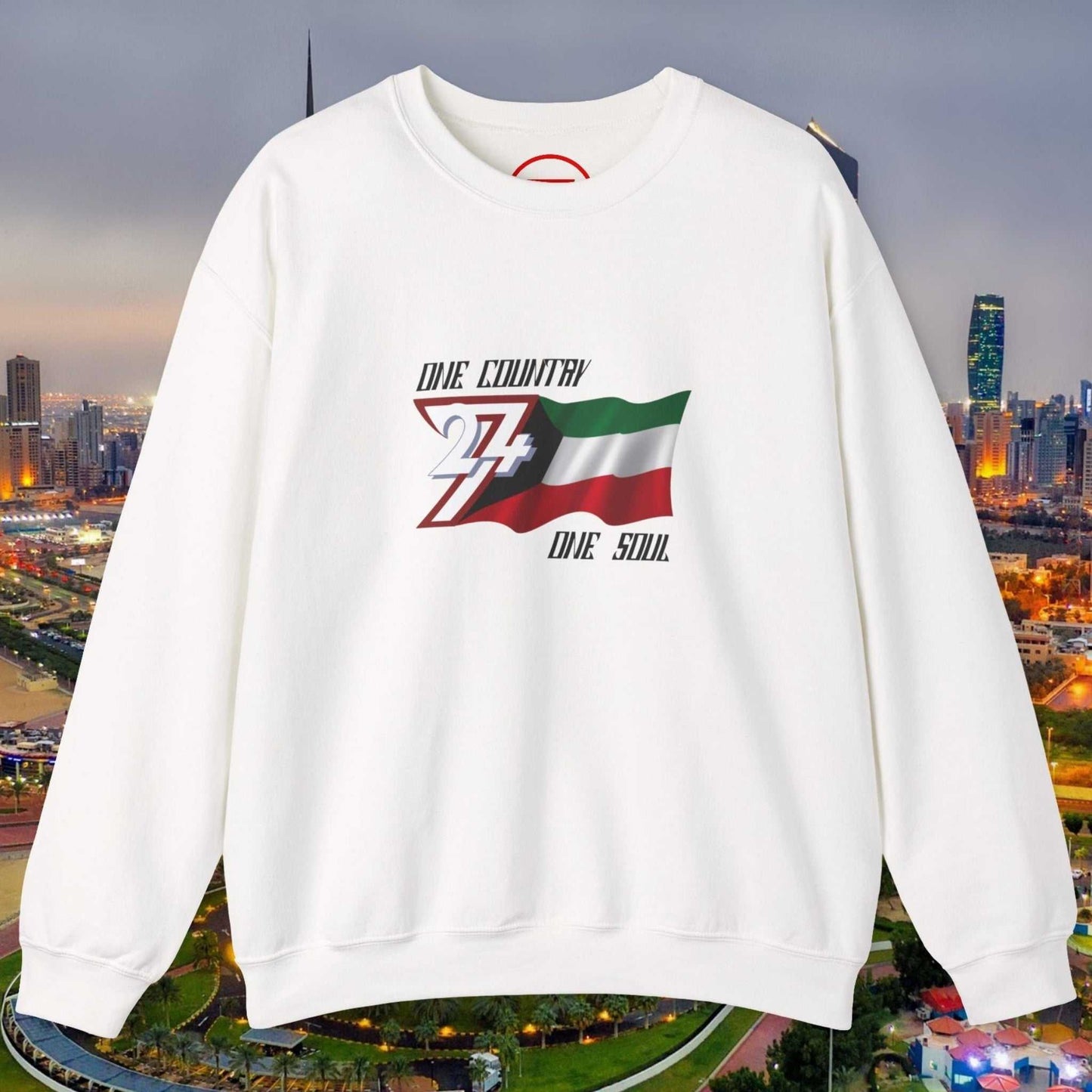 White Kuwait Flag Hand-Drawn Jumper with vibrant illustrated national flag and "One Country One Soul" text on front, crewneck sweatshirt.