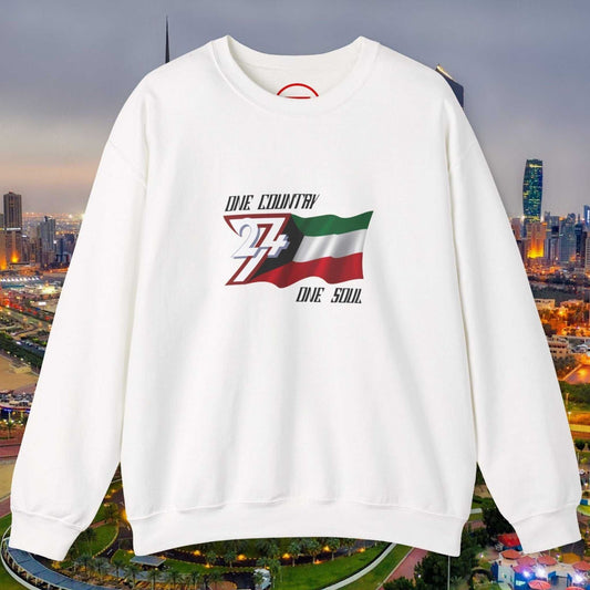 White Kuwait Flag Hand-Drawn Jumper with vibrant illustrated national flag and "One Country One Soul" text on front, crewneck sweatshirt.