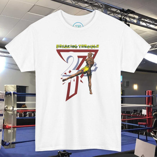 White Muay Thai t-shirt with dynamic martial arts illustration and "Breaking Through" text, streetwear style