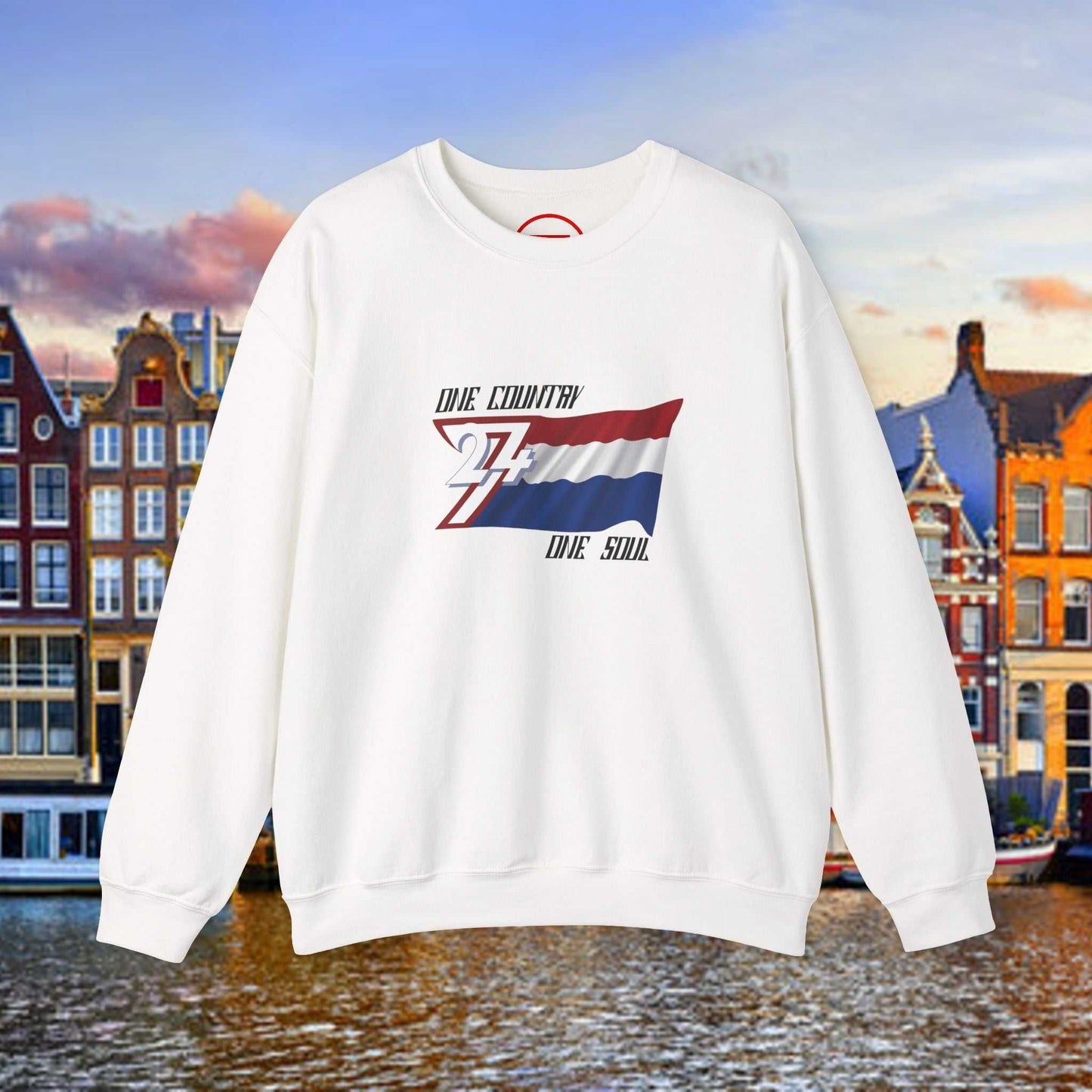 White Netherlands Flag Sweatshirt with hand-drawn red, white, and blue design and "One Country One Soul" text, classic crewneck style