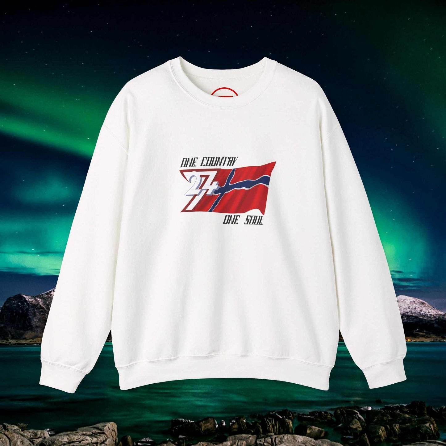 White Norway Flag crewneck sweatshirt with hand-drawn flag illustration and "One Country One Soul" text, cozy and stylish Nordic heritage design