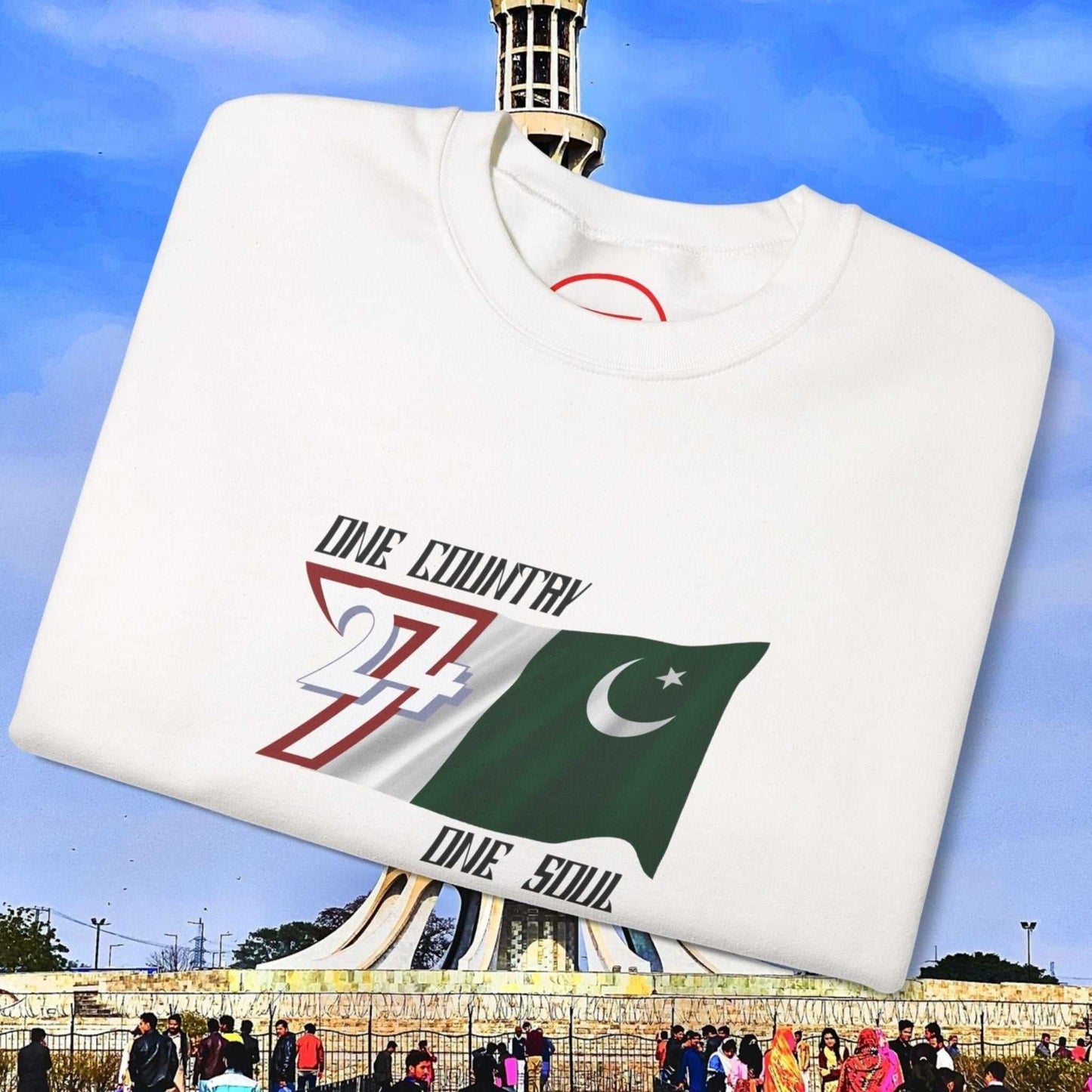 White Pakistan Flag Sweatshirt with hand-drawn green flag and "One Country One Soul" slogan, classic crewneck design