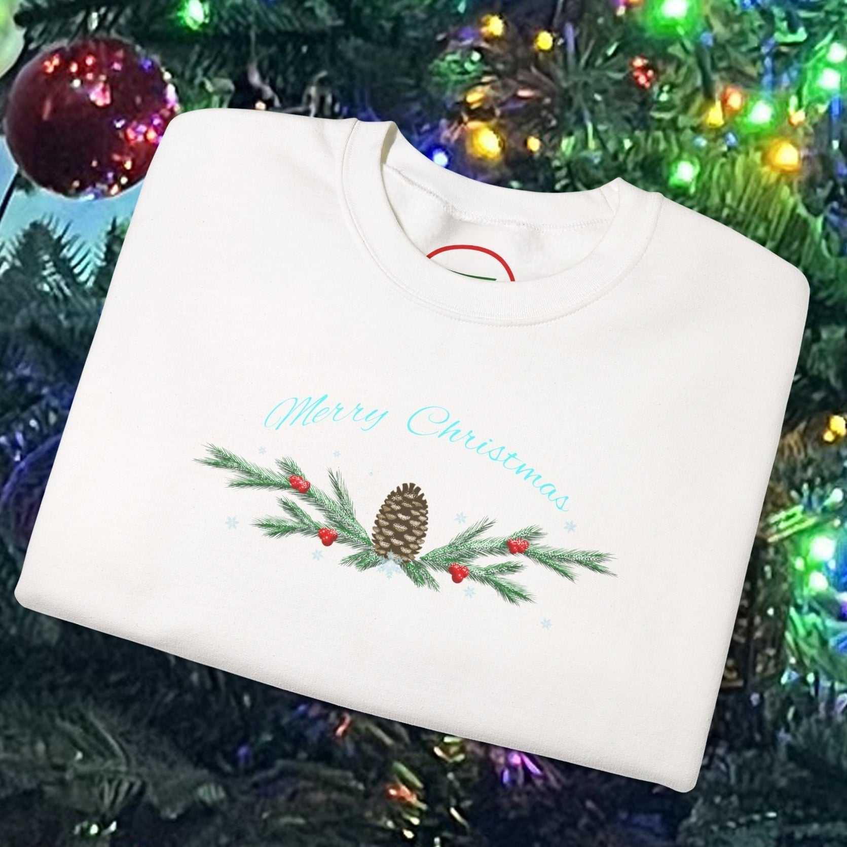 White Pinecone Christmas Sweatshirt with hand-drawn pinecone and greenery design, festive holiday apparel.