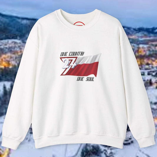 White Poland Jumper sweatshirt with hand-drawn Polish flag and "One Country One Soul" text on chest