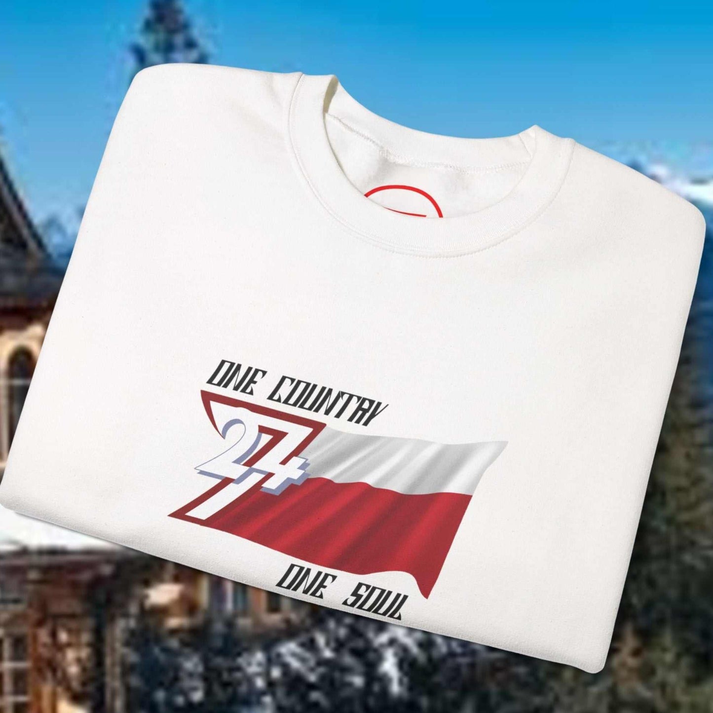 White Poland jumper sweatshirt with hand-drawn Polish flag and "One Country One Soul" text design