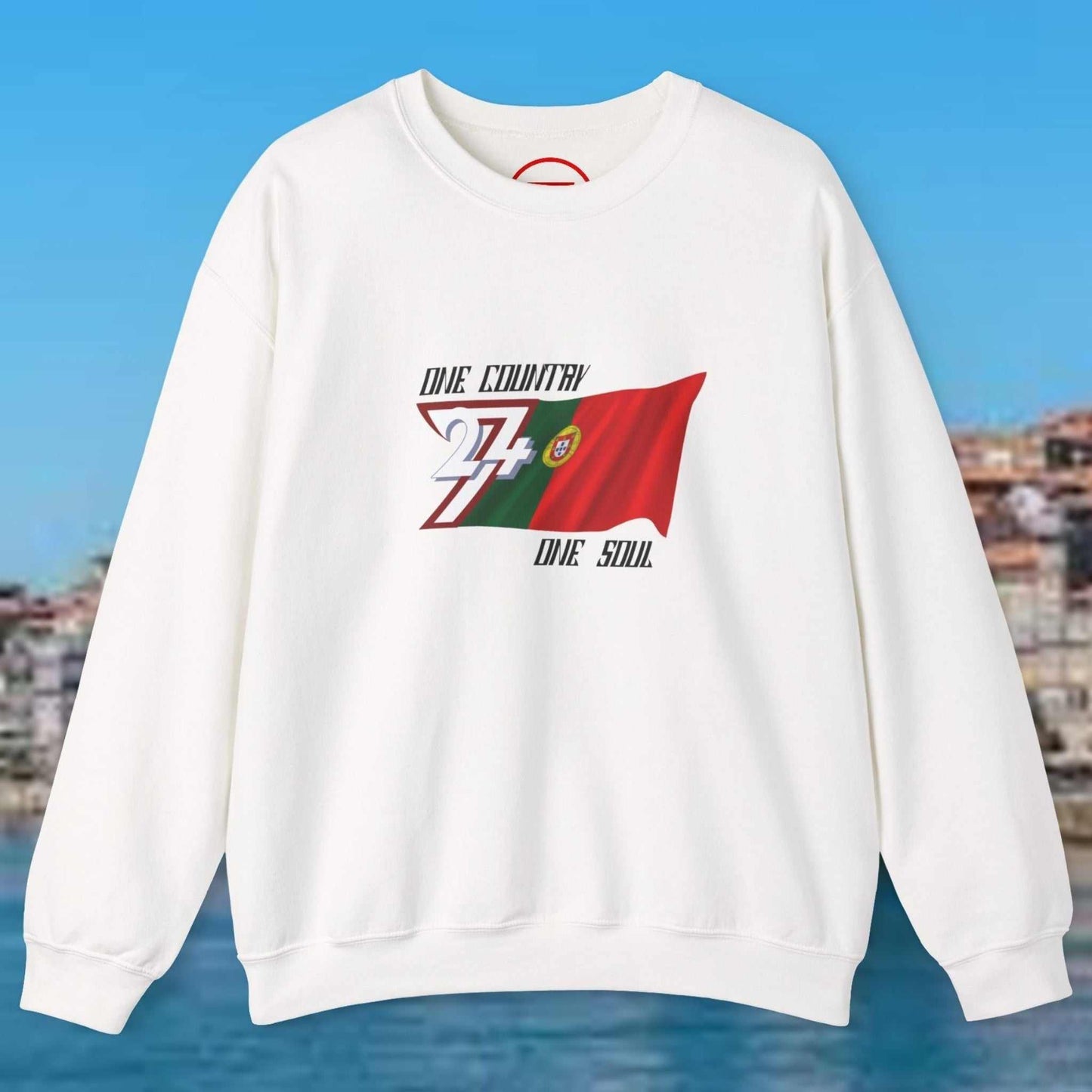 White Portugal Flag Sweatshirt with hand-drawn football World Cup design and "One Country One Soul" text