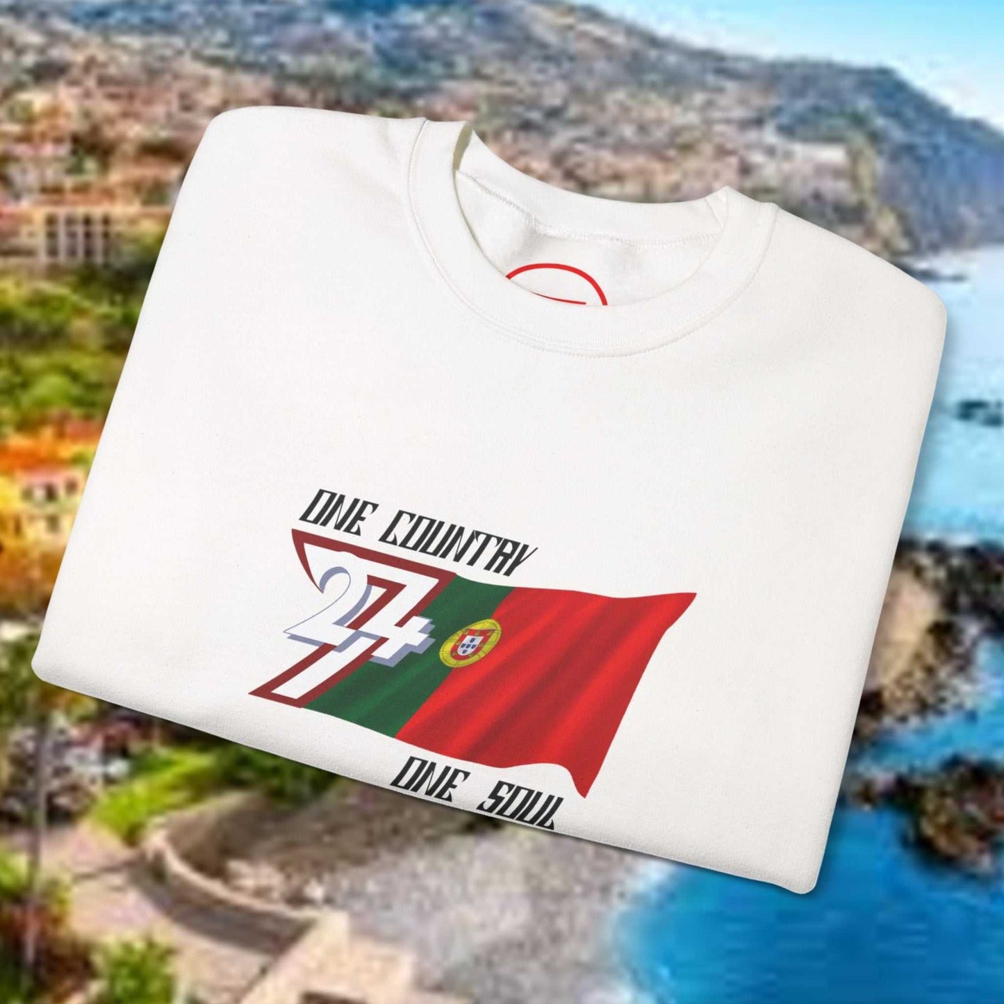 White Portugal Flag Sweatshirt with vibrant hand-drawn football World Cup design