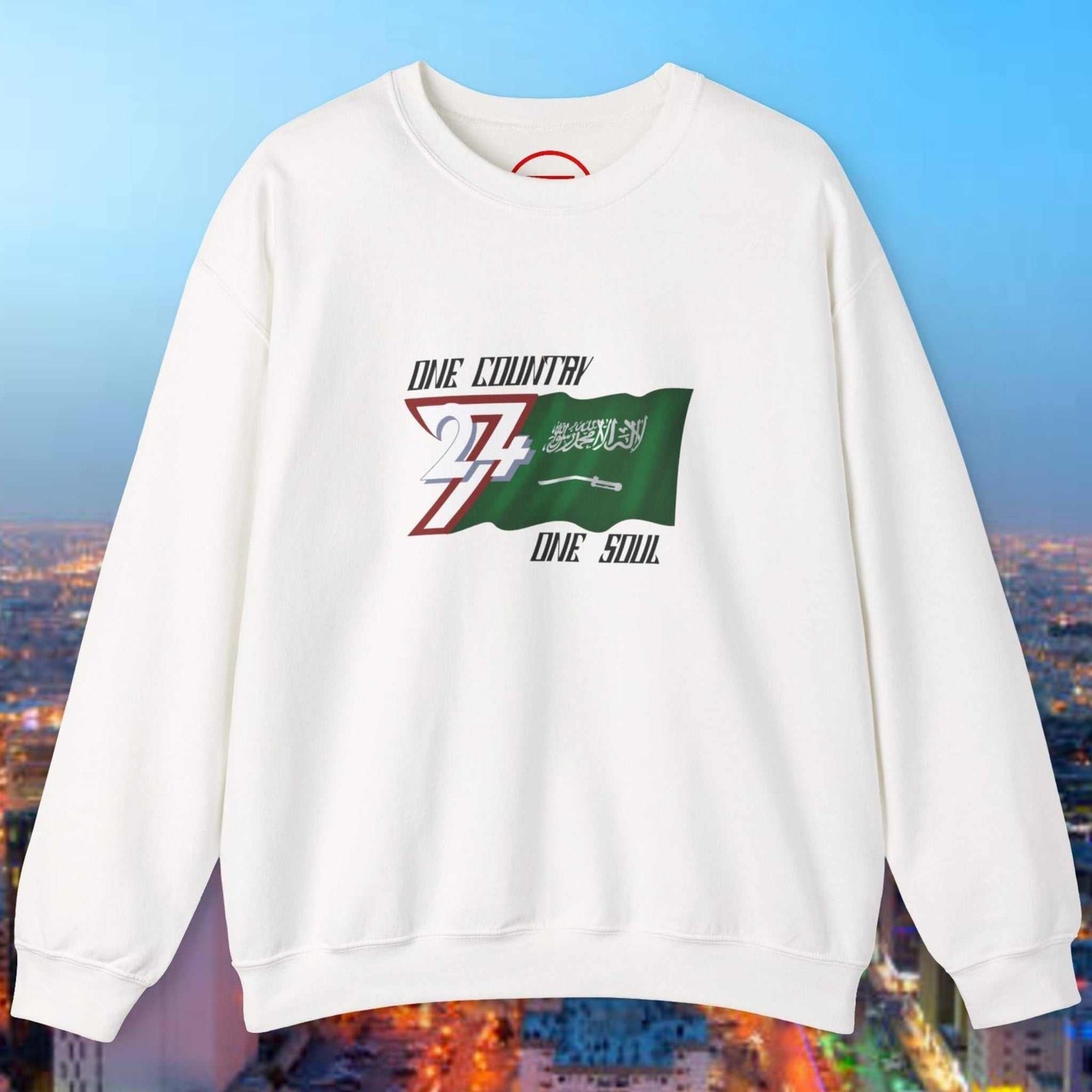 White Saudi Arabia flag crewneck sweatshirt with vibrant hand-drawn patriotic graphic and bold text design