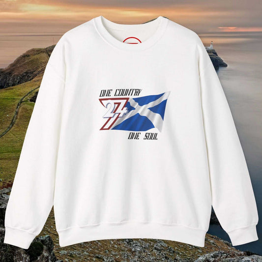 White Scotland Saltire crewneck sweatshirt with hand-drawn St. Andrew’s Cross and "One Country One Soul" text design.