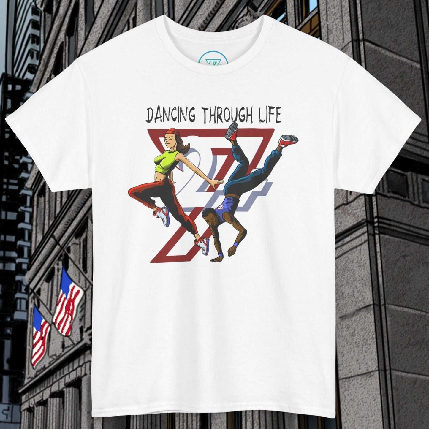 White Street Dance Comic Art T-Shirt with vibrant hip-hop dancers and "Dancing Through Life" text design