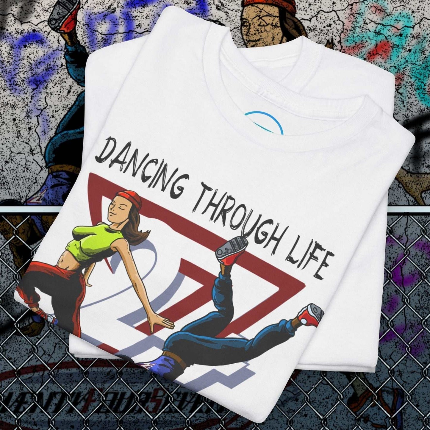 White Street Dance Comic Art T-Shirt with vibrant urban hip-hop illustration and "Dancing Through Life" text