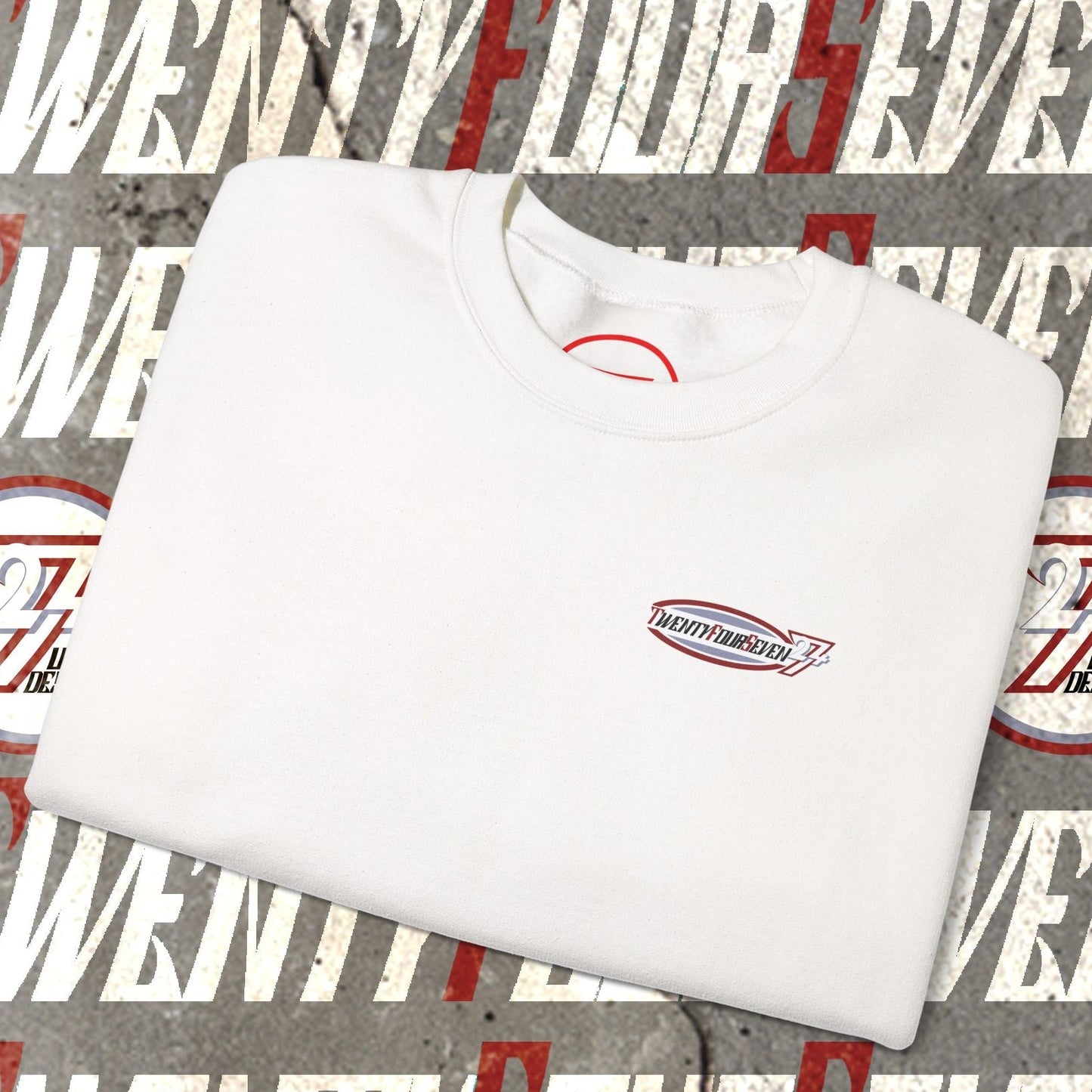 White TwentyFourSeven logo crewneck sweatshirt folded on branded background for parties and outdoor wear