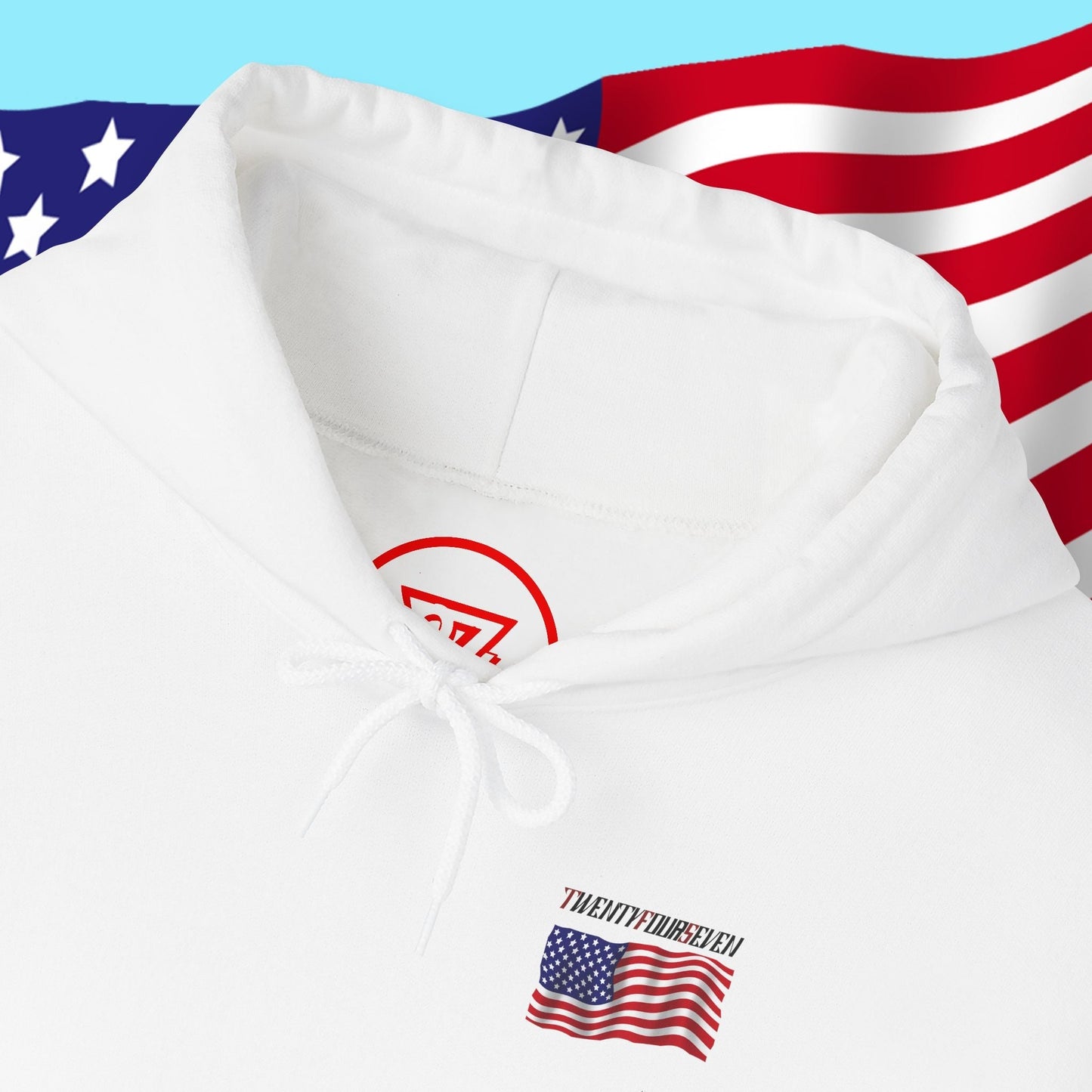 White american flag hoodie with adjustable drawstring hood and US flag design front logo