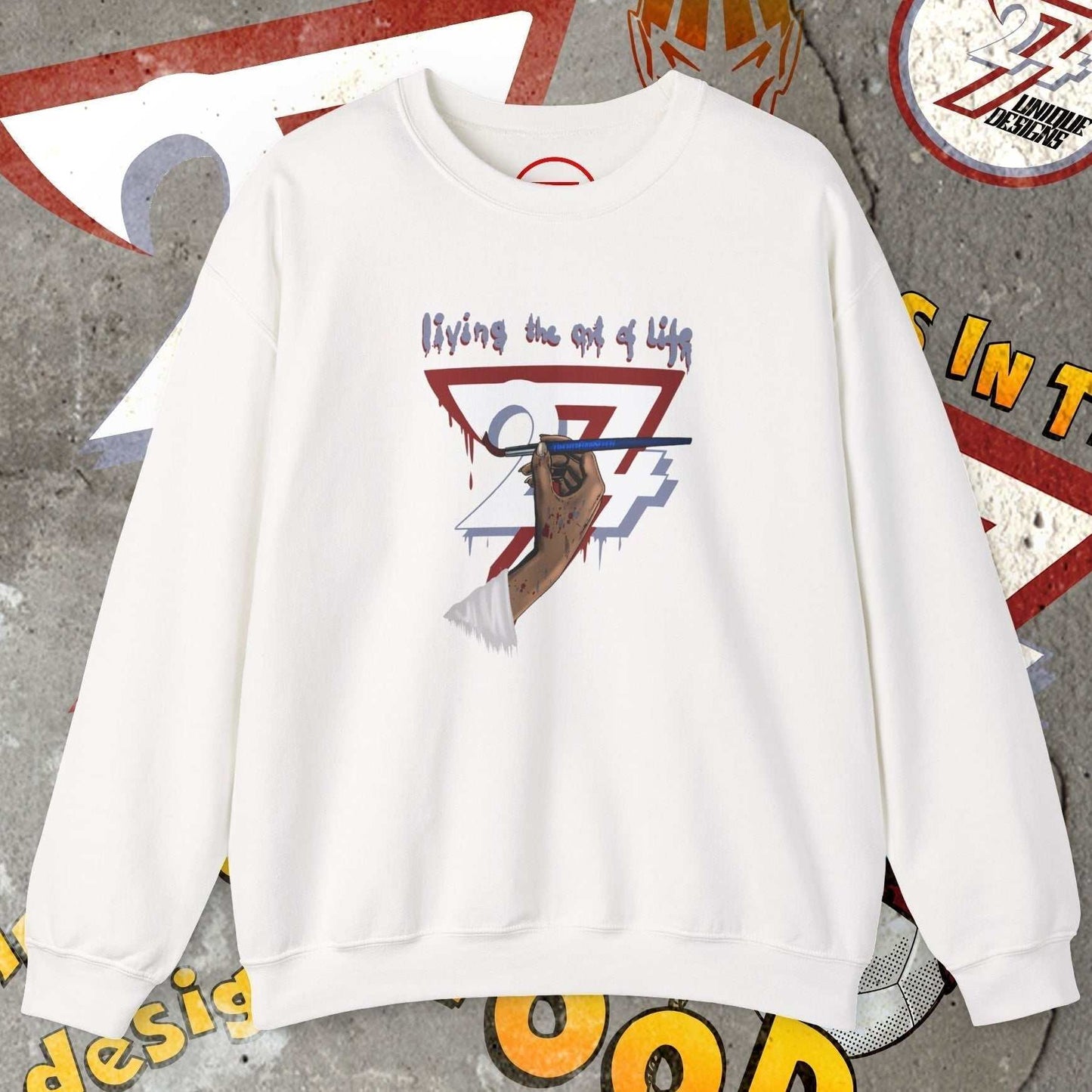 White artist brush sweatshirt with hand-drawn Bohemian design and cozy fit